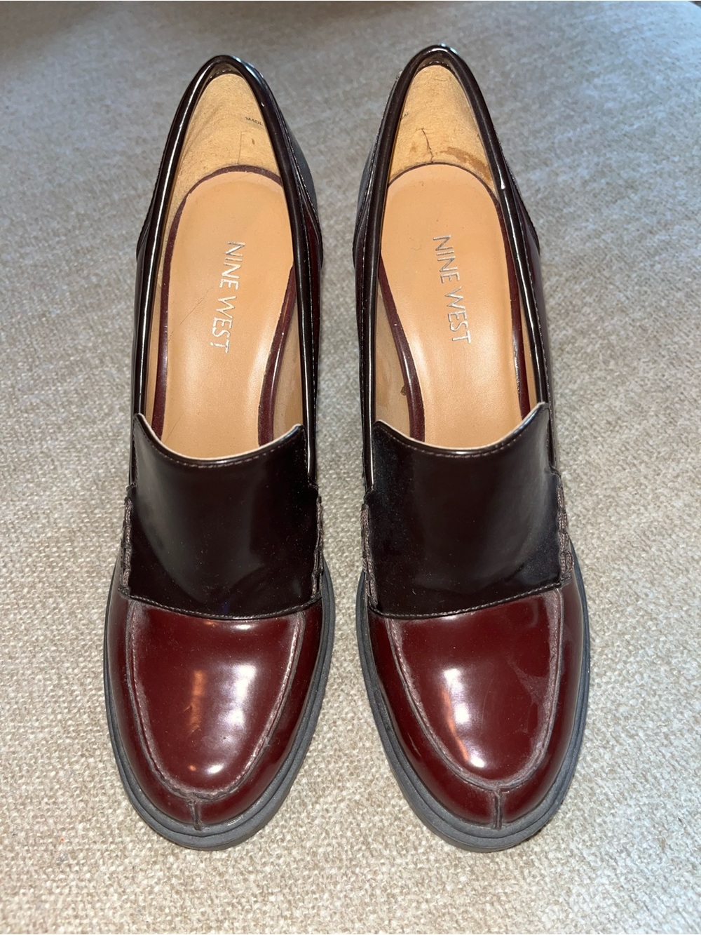 Nine West Burgundy and Black Patent Slip-On Loafers